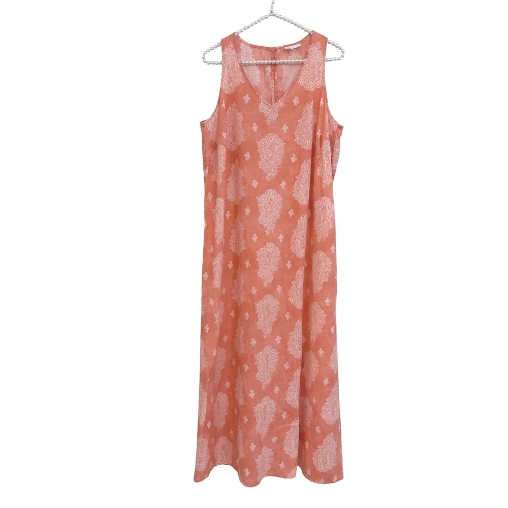 J. Jill Love Linen Coral  Paisley Sleeveless Lagenlook Coastal Maxi Dress M
